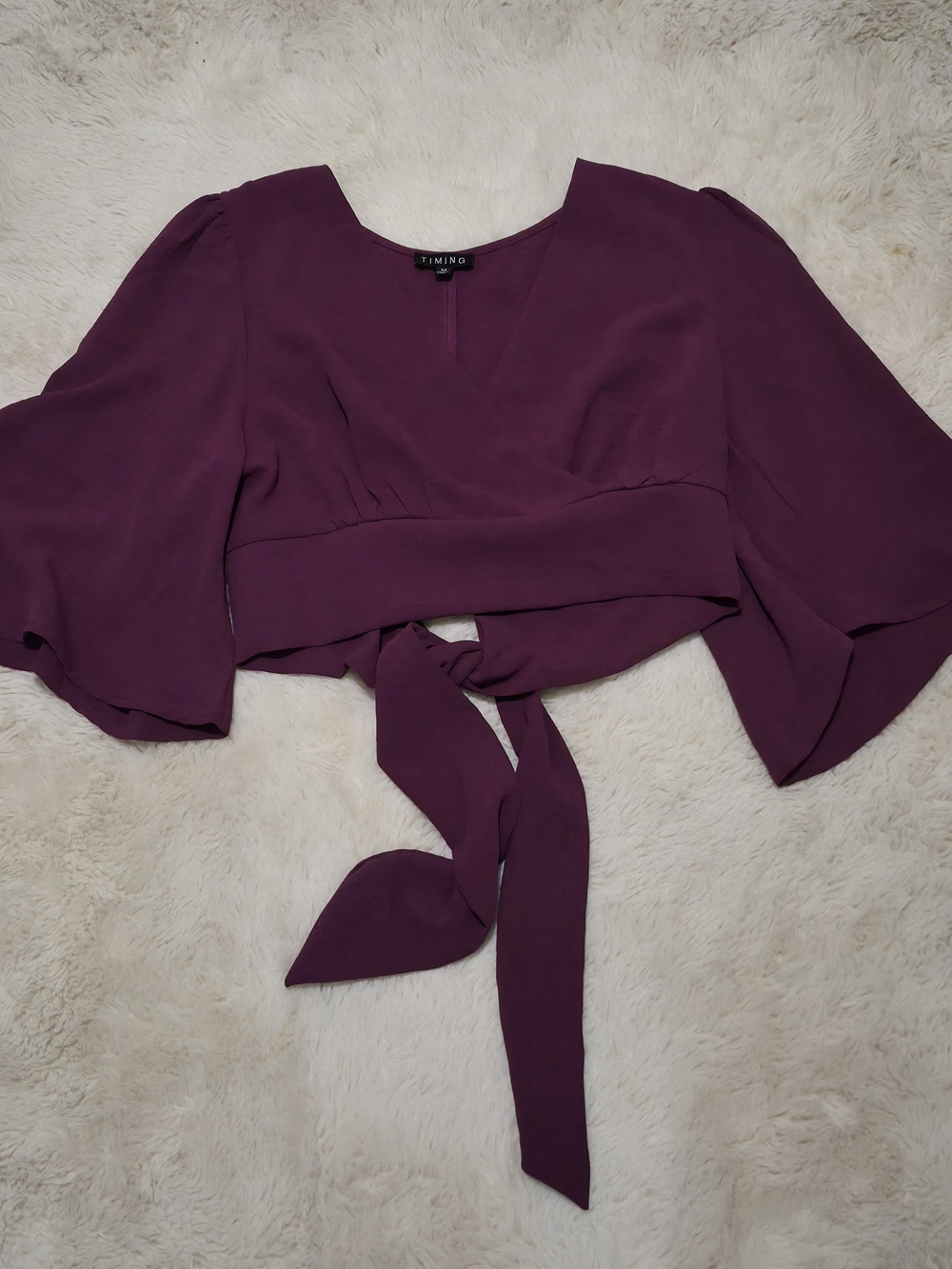 Timing Plum Tie-Waist Wrap Crop Top